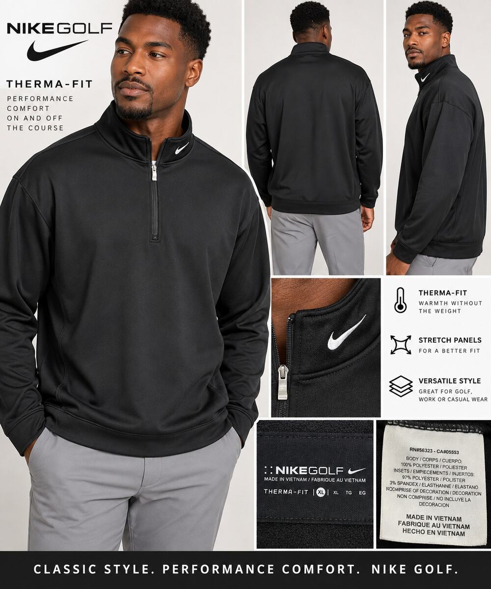 Nike Golf Therma-FIT Mens XL Black 1/4 Zip Pullover Fleece Golf Jacket